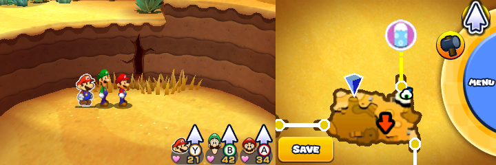 Group near a crack in the wall containing a 10-Coin, 3 Mushrooms and 3 Syrup Jars in Doop Doop Dunes of Mario & Luigi: Paper Jam.