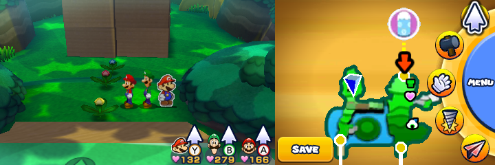 Group near 3 spinny flowers containing a Five Coin each in Gloomy Woods of Mario & Luigi: Paper Jam.