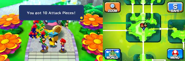 Luigi getting all 10 Attack Pieces of the Green Shell Bros. Attack from Brickle in Mushrise Park of Mario & Luigi: Dream Team.