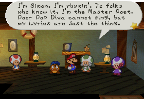 Screenshot of Master Poet speaking in Club 64 of Paper Mario