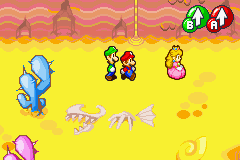 Mario and Luigi looking after Peach while wandering in the deserts of Teehee Valley.