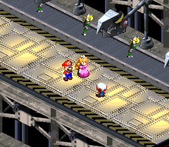 Toad giving Mario a Rock Candy in the Weapon World of Super Mario RPG: Legend of the Seven Stars.