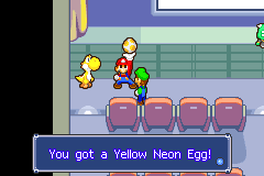 Mario and Luigi getting the Yellow Neon Egg from starving yellow Yoshi in Yoshi Theater of Mario & Luigi: Superstar Saga.