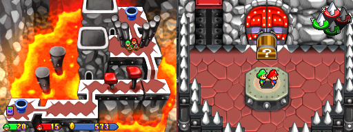 Baby Mario and Baby Luigi under the treasure chest block containing the Cobalt Star Shard in Bowser's Castle of Mario & Luigi: Partners in Time.