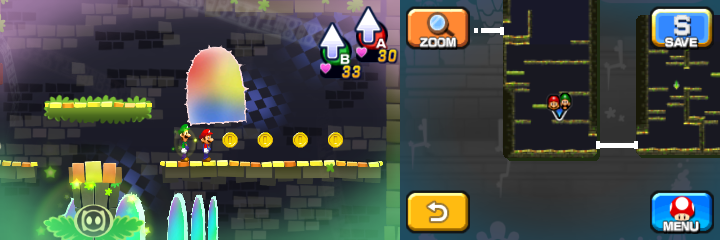 Mario and Luigi near four Coins in Dreamy Pi'illo Castle accessed by a Pink Pi'illo of Mario & Luigi: Dream Team.