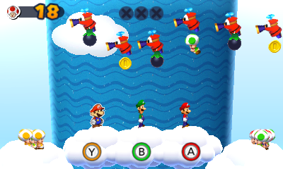 Group of Fly Guys holding 2 Coins in Sky High Flyby mission of Mario & Luigi: Paper Jam.