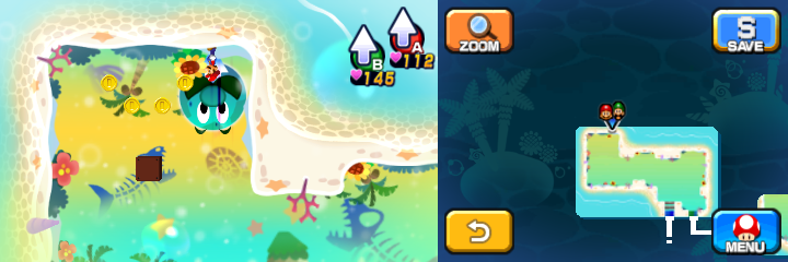 Mario near 4 Coins in Dreamy Driftwood Shore housing Seadric the Seadring of Mario & Luigi: Dream Team.