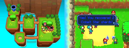 The quartet picking up 2 Cobalt Star Shards on Yoshi's Island of Mario & Luigi: Partners in Time.