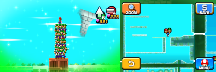 Mario and Luiginoids (in the shape of a stack) on the wooden crate with 5 Coin underneath it in Dreamy Somnom Woods accessed by the Dreampoint of Mario & Luigi: Dream Team.