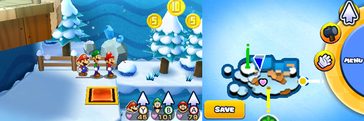 Group near 2 Five Coins nad a 10-Coin in Mount Brrr of Mario & Luigi: Paper Jam.