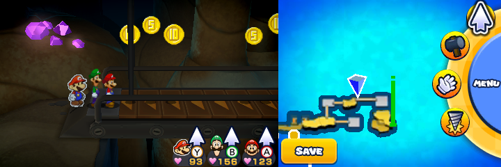 Group near 6 Five Coins and 6 10-Coins in Twinsy Tropics of Mario & Luigi: Paper Jam.