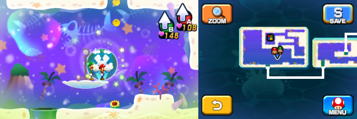 Mario and Luigi near 3 Coins (with 2 visible) in Dreamy Driftwood Shore housing Seadric the Seadring of Mario & Luigi: Dream Team.