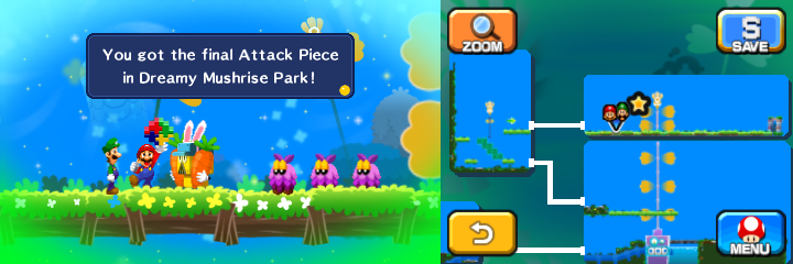 Mario getting an Attack Piece for the Luiginary Ball Luiginary Attack from Dreamy Brickle in Dreamy Mushrise Park accessed by a Eldream Pi'illo of Mario & Luigi: Dream Team.