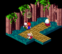 Nimbus man dressed in red and green giving Mario a Flower Jar in Nimbus Land of Super Mario RPG: Legend of the Seven Stars.