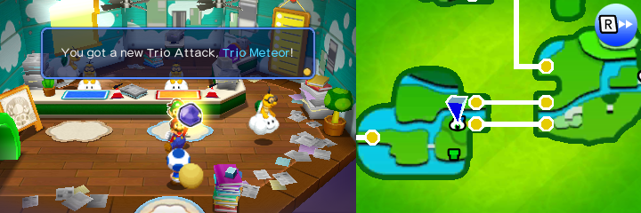 Mario getting the Trio Meteor Trio Attack from the Delivery Toad in Sunbeam Plains of Mario & Luigi: Paper Jam.