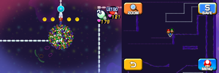 Mario and Luiginoids (in the shape of a ball) near 4 Coins in Dream's Deep accessed by Dreamy Pi'illo Castle accessed by the Dreampoint of Mario & Luigi: Dream Team.