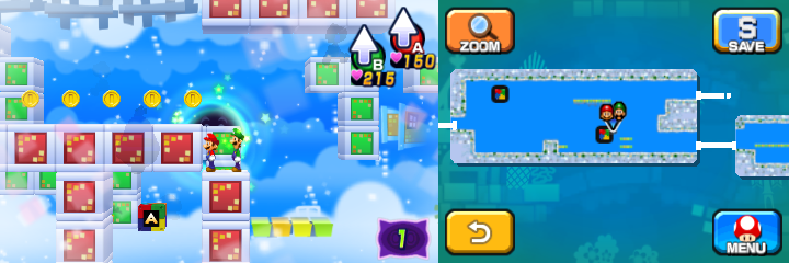 Mario and Luigi near 6 Coins (with 5 visible) in Dreamy Wakeport accessed by the Bedsmith Pi'illo/Pi'iloper's Dreampoint of Mario & Luigi: Dream Team.