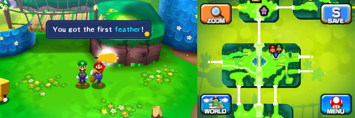 Mario picking up the Right Wing in Mushrise Park of Mario & Luigi: Dream Team.