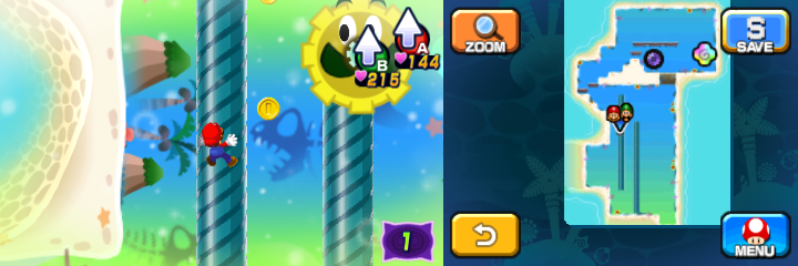 Mario near 3 Coins (with one visible) in Dreamy Driftwood Shore accessed by the third Pink Pi'illo of Mario & Luigi: Dream Team.