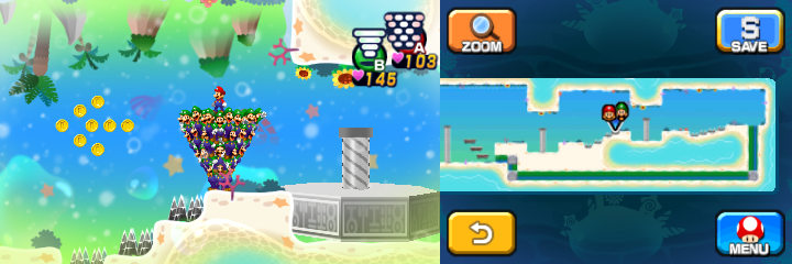 Mario and Luiginoids (in the shape of a cone) near 8 Coins in Dreamy Driftwood Shore housing Seabelle the Seadring of Mario & Luigi: Dream Team.