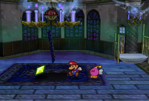 Mario finding a Star Piece under a hidden panel in the record room in Boo's Mansion in Paper Mario