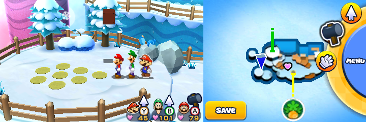 Group near 8 unflipped paper flowers containing a Five Coin each in Mount Brrr of Mario & Luigi: Paper Jam.
