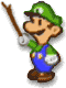 Luigi holding a stick while talking.