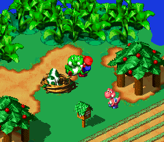 Baby Fat Yoshi giving items for feeding him cookies on Yo'ster Isle of Super Mario RPG: Legend of the Seven Stars.