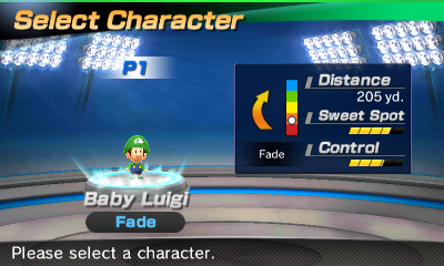 Baby Luigi's stats in the golf portion of Mario Sports Superstars