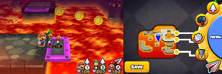Group near 9 10-Coins in Bowser's Castle of Mario & Luigi: Paper Jam.