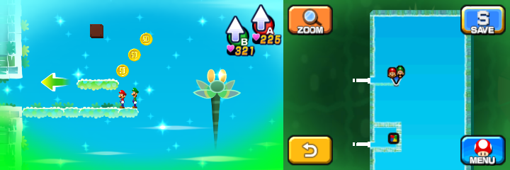 Mario and Luigi near 3 50-Coins in Dreamy Somnom Woods accessed by the Dreampoint of Mario & Luigi: Dream Team.