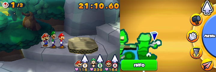 Group near an unflipped paper rock slab containing a Coin in Fly Guy Flyby mission of Mario & Luigi: Paper Jam.