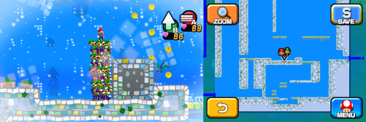 Mario and Luiginoids (in the shape of a stack) near 9 Coins (with 6 visible) in Dreamy Wakeport accessed by Big Massif's Dreampoint of Mario & Luigi: Dream Team.