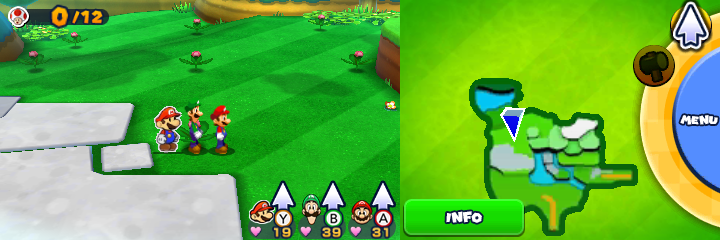 Group near 15 spinny flowers containing a Coin each in Paper Toad Pursuit mission of Mario & Luigi: Paper Jam.