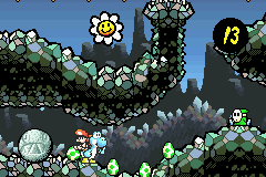 Flower 5: In an area above the exit tunnel. Yoshi can only reach it by standing on a Chomp Rock.