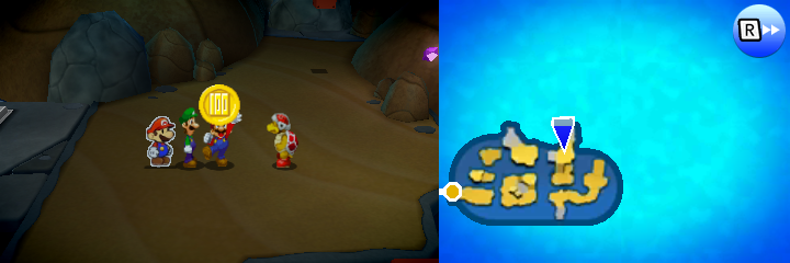 Mario getting up to 5 100-Coin from one of the Fire Bros. in Hunt for the Medallion mission of Mario & Luigi: Paper Jam.