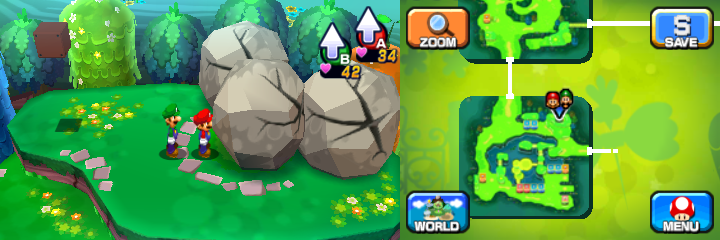 Mario and Luigi near three boulders containing a Coin each in Mushrise Park of Mario & Luigi: Dream Team.