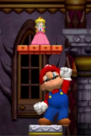 Mario celebrating the rescue of Princess Peach as Mega Mario in New Super Mario Bros.