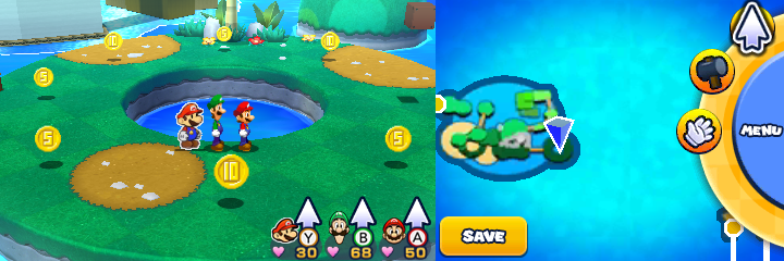 Group near 4 Five Coins and 3 10-Coins in Twinsy Tropics of Mario & Luigi: Paper Jam.
