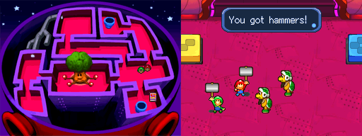 Baby Mario and Baby Luigi getting two Hammers from two Hammer Bros. in Vim Factory of Mario & Luigi: Partners in Time.