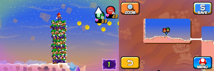 Mario and Luiginoids (in the shape of a stack) near 15 Coins (with 6 visible) in Dreamy Dozing Sands accessed by first Deco Pi'illo of Mario & Luigi: Dream Team.