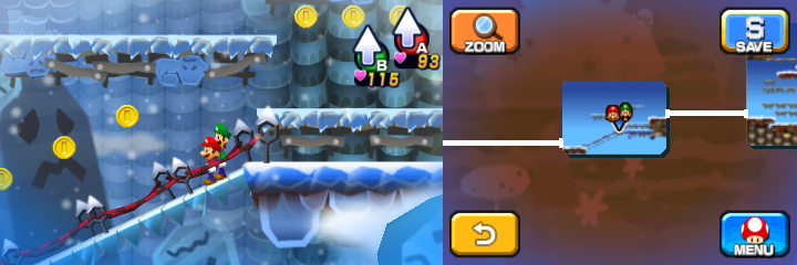 Mario and Luigi near 6 Coins in Dreamy Mount Pajamaja accessed by a Dreampoint found at the peak of the real world mountain of Mario & Luigi: Dream Team.