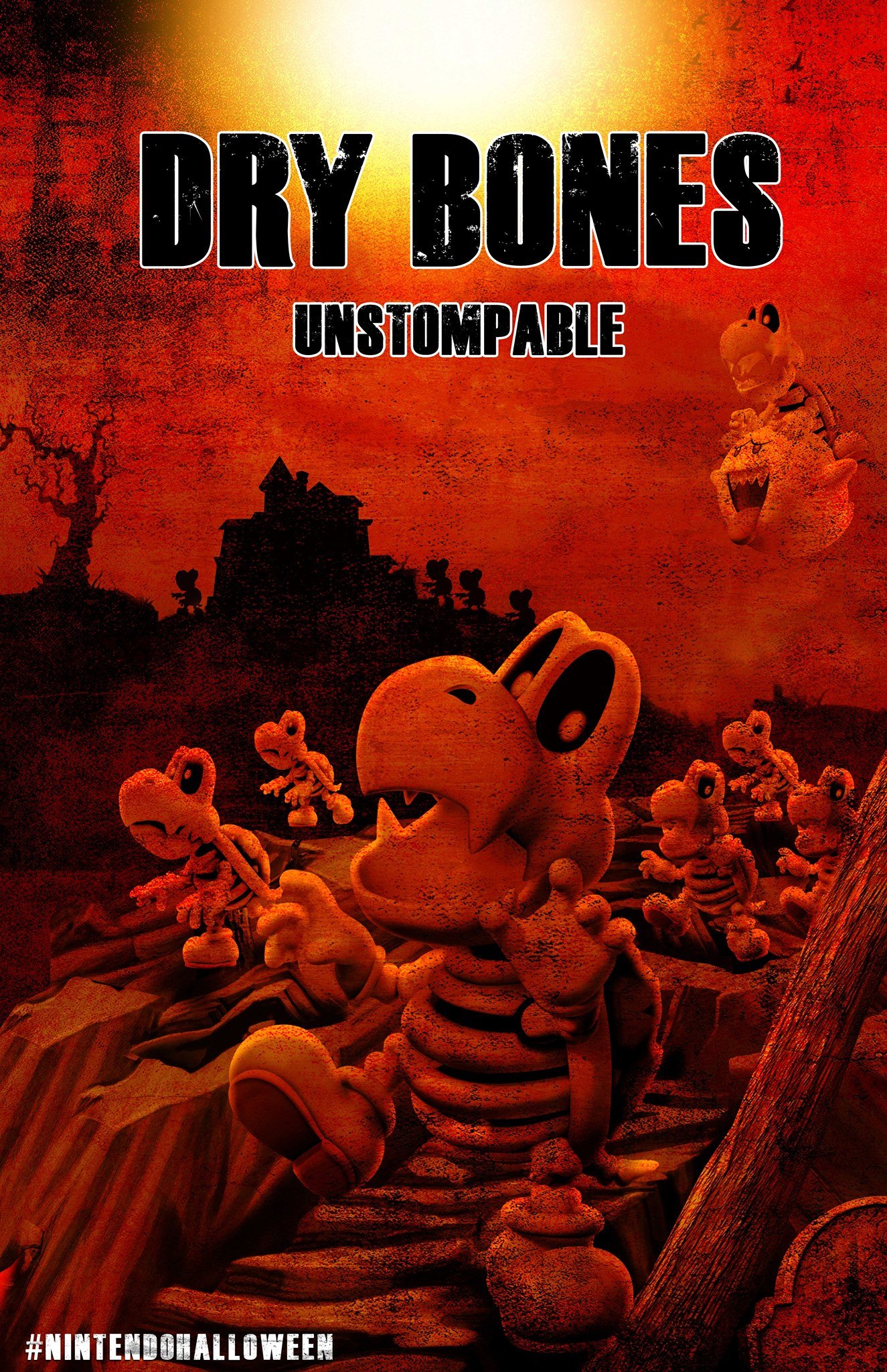 A dramatic image showing an army of Dry Bones, captioned as "Unstompable," marching in a desolate, dark red area. This was originally posted to Nintendo's Facebook account on October 26, 2014, associated with the hashtag #NintendoHalloween.
