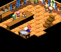 Old Toad in the lobby of the hotel giving Mario Coins in exchange for his Bright Card in Marrymore of Super Mario RPG: Legend of the Seven Stars.