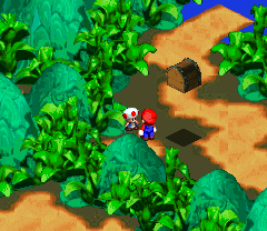 Toad giving Mario a Honey Syrup in Mushroom Way of Super Mario RPG: Legend of the Seven Stars.