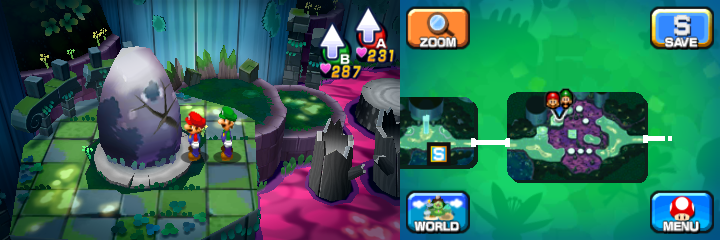 Mario and Luigi near a boulder containing a Coin in Somnom Woods of Mario & Luigi: Dream Team.