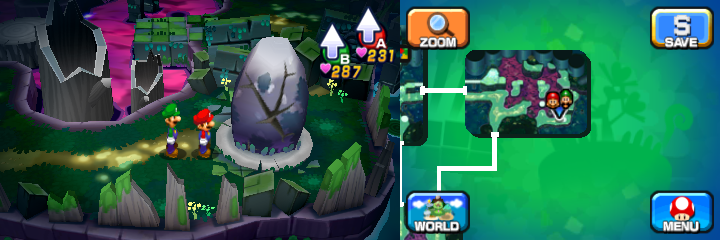 Mario and Luigi near a boulder containing a Coin in Somnom Woods of Mario & Luigi: Dream Team.