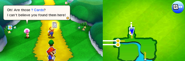Mario picking up 3 ? Cards after defeating Petey Piranha in Sunbeam Plains of Mario & Luigi: Paper Jam.