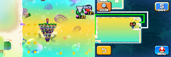 Mario and Luiginoids (in the shape of a cone) near 8 Coins in Dreamy Driftwood Shore housing Seadric the Seadring of Mario & Luigi: Dream Team.