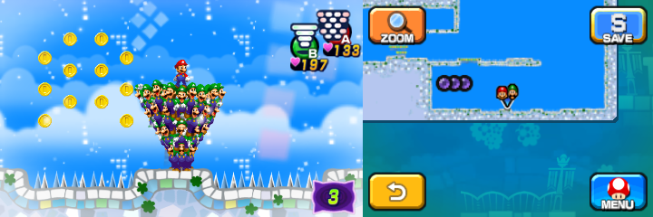 Mario and Luiginoids (in the shape of a cone) near 12 Coins in Dreamy Wakeport accessed by the fourth Pink Pi'illo of Mario & Luigi: Dream Team.
